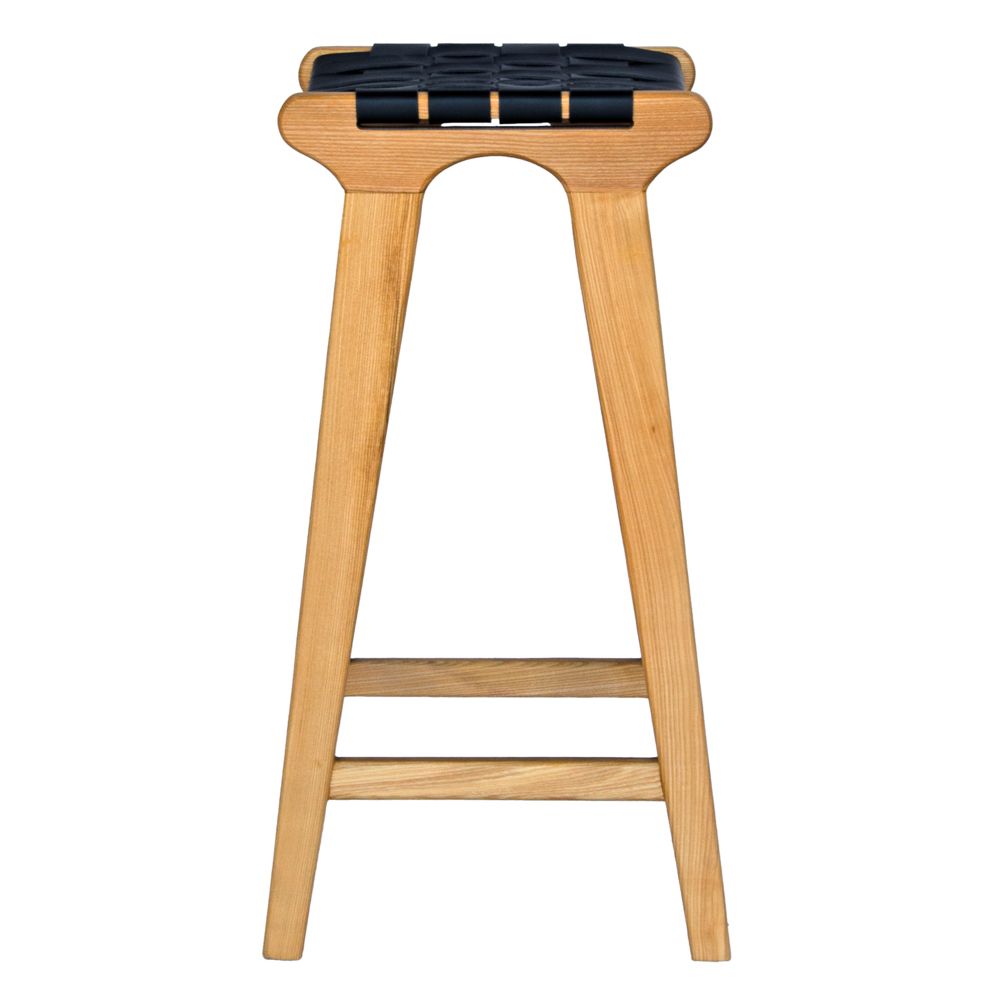 The Thames Barstool, black leather, is designed with a contemporary style. Featuring a sustainable ash frame and a luxurious strapped saddle leather seat. Colour natural frame with black leather. Measures 410 wide X 320 depth X 640 height. Side Plain.