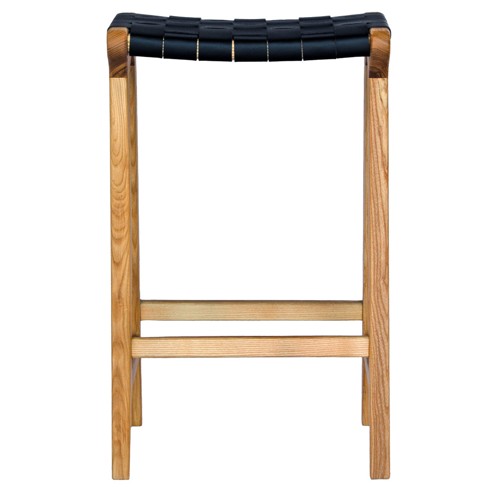 The Thames Barstool, black leather, is designed with a contemporary style. Featuring a sustainable ash frame and a luxurious strapped saddle leather seat. Colour natural frame with black leather. Measures 410 wide X 320 depth X 640 height. Front Plain.