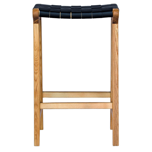 The Thames Barstool, black leather, is designed with a contemporary style. Featuring a sustainable ash frame and a luxurious strapped saddle leather seat. Colour natural frame with black leather. Measures 410 wide X 320 depth X 640 height. Front Plain.
