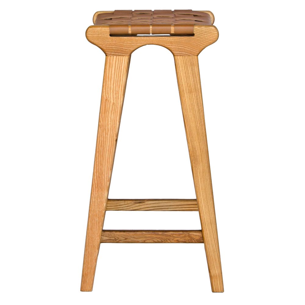 The Thames Barstool, tan leather, is designed with a contemporary style. Featuring a sustainable ash frame and a luxurious strapped saddle leather seat. Colour natural frame with tan leather. Measures 410 wide X 320 depth X 640 height. Side Plain.