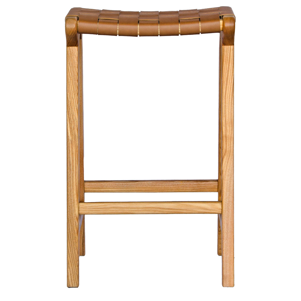 The Thames Barstool, tan leather, is designed with a contemporary style. Featuring a sustainable ash frame and a luxurious strapped saddle leather seat. Colour natural frame with tan leather. Measures 410 wide X 320 depth X 640 height. Front Plain.