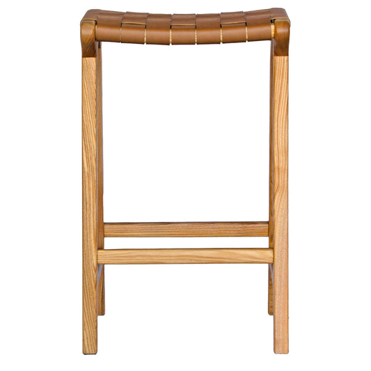 The Thames Barstool, tan leather, is designed with a contemporary style. Featuring a sustainable ash frame and a luxurious strapped saddle leather seat. Colour natural frame with tan leather. Measures 410 wide X 320 depth X 640 height. Front Plain.