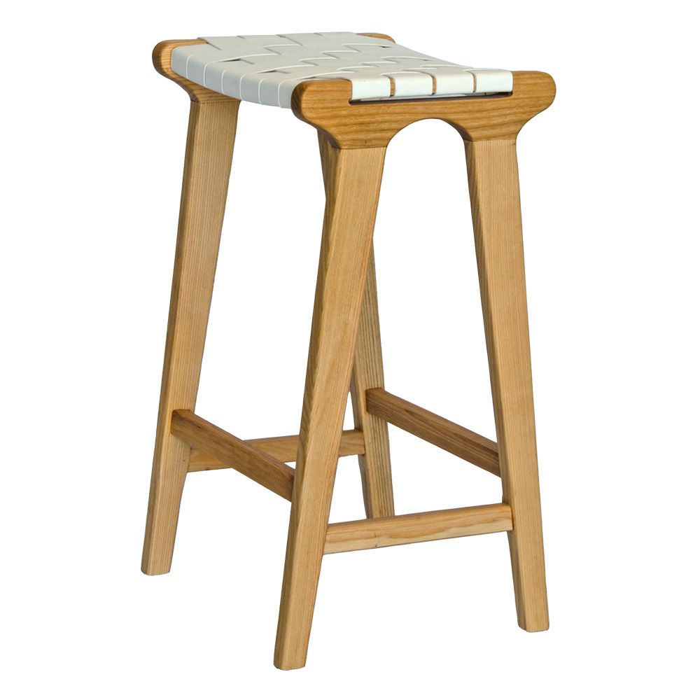 The Thames - White Leather Barstool, is designed with a contemporary style. Featuring a sustainable ash frame and a luxurious strapped saddle leather seat. Colour natural frame with white leather. Measures 410 wide X 320 depth X 640 height. Angle Plain.