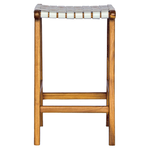 The Thames - White Leather Barstool, is designed with a contemporary style. Featuring a sustainable ash frame and a luxurious strapped saddle leather seat. Colour natural frame with white leather. Measures 410 wide X 320 depth X 640 height. Front Plain.