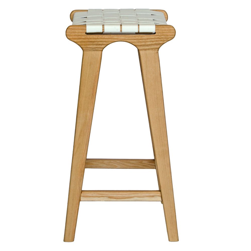 The Thames - White Leather Barstool, is designed with a contemporary style. Featuring a sustainable ash frame and a luxurious strapped saddle leather seat. Colour natural frame with white leather. Measures 410 wide X 320 depth X 640 height. Side Plain.