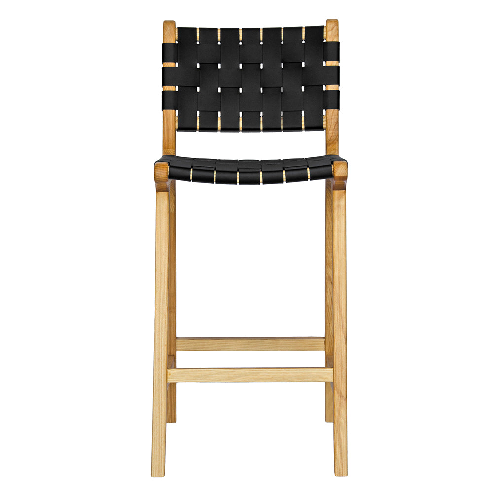 The Thames w/back black leather barstool features black strapped saddle leather on an ash frame. measures 410 wide X 320 depth X 660 seat height. Front.