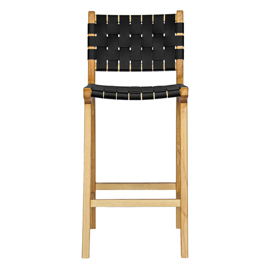 The Thames w/back black leather barstool features black strapped saddle leather on an ash frame. measures 410 wide X 320 depth X 660 seat height. Front.