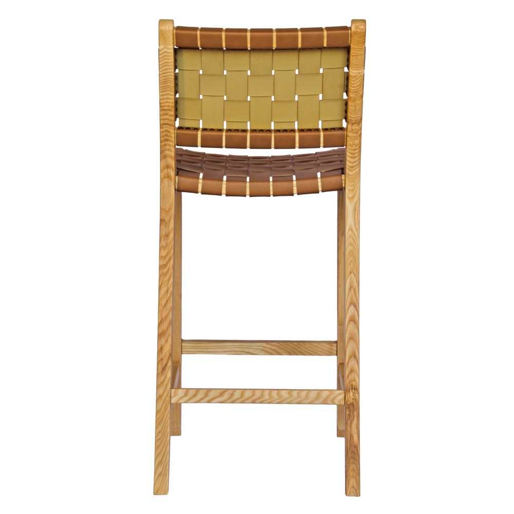 The Thames w/back Tan Leather barstool features black strapped saddle leather on an ash frame. measures 410 wide X 320 depth X 660 seat height. Back.