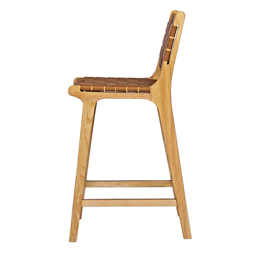 The Thames w/back Tan Leather barstool features black strapped saddle leather on an ash frame. measures 410 wide X 320 depth X 660 seat height. Side.