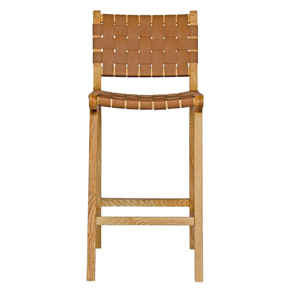 The Thames w/back Tan Leather barstool features black strapped saddle leather on an ash frame. measures 410 wide X 320 depth X 660 seat height. Front.