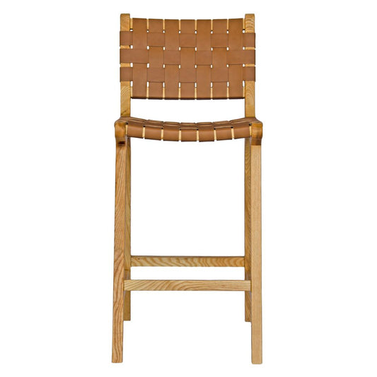 The Thames w/back Tan Leather barstool features black strapped saddle leather on an ash frame. measures 410 wide X 320 depth X 660 seat height. Front.