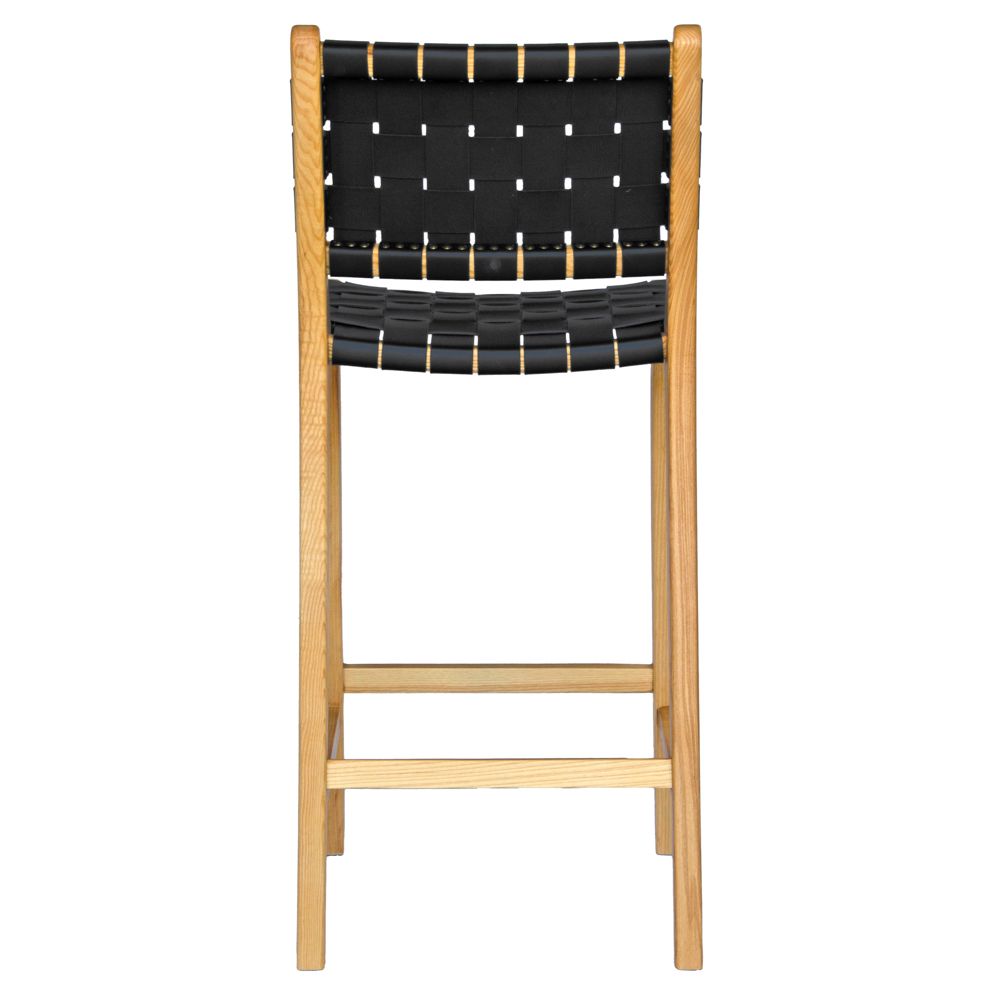The Thames w/back black leather barstool features black strapped saddle leather on an ash frame. measures 410 wide X 320 depth X 660 seat height. Back.