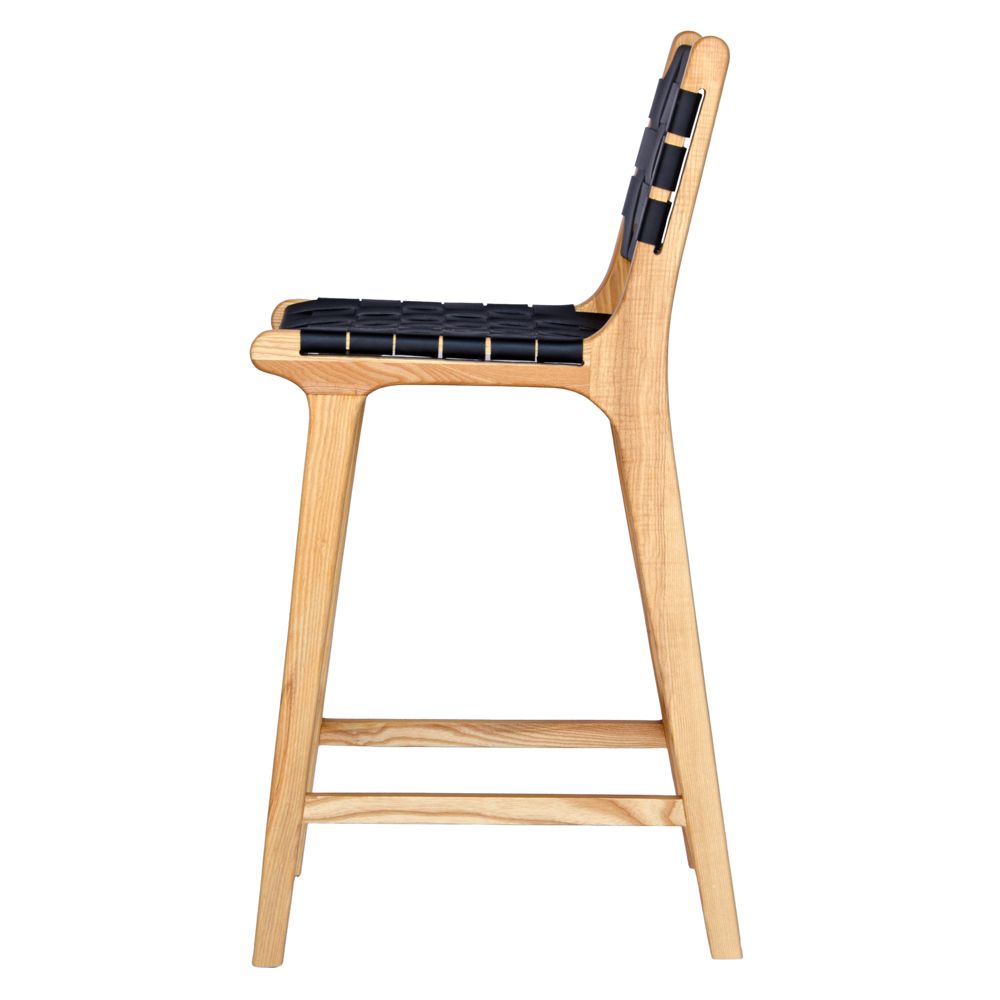 The Thames w/back black leather barstool features black strapped saddle leather on an ash frame. measures 410 wide X 320 depth X 660 seat height. Side.