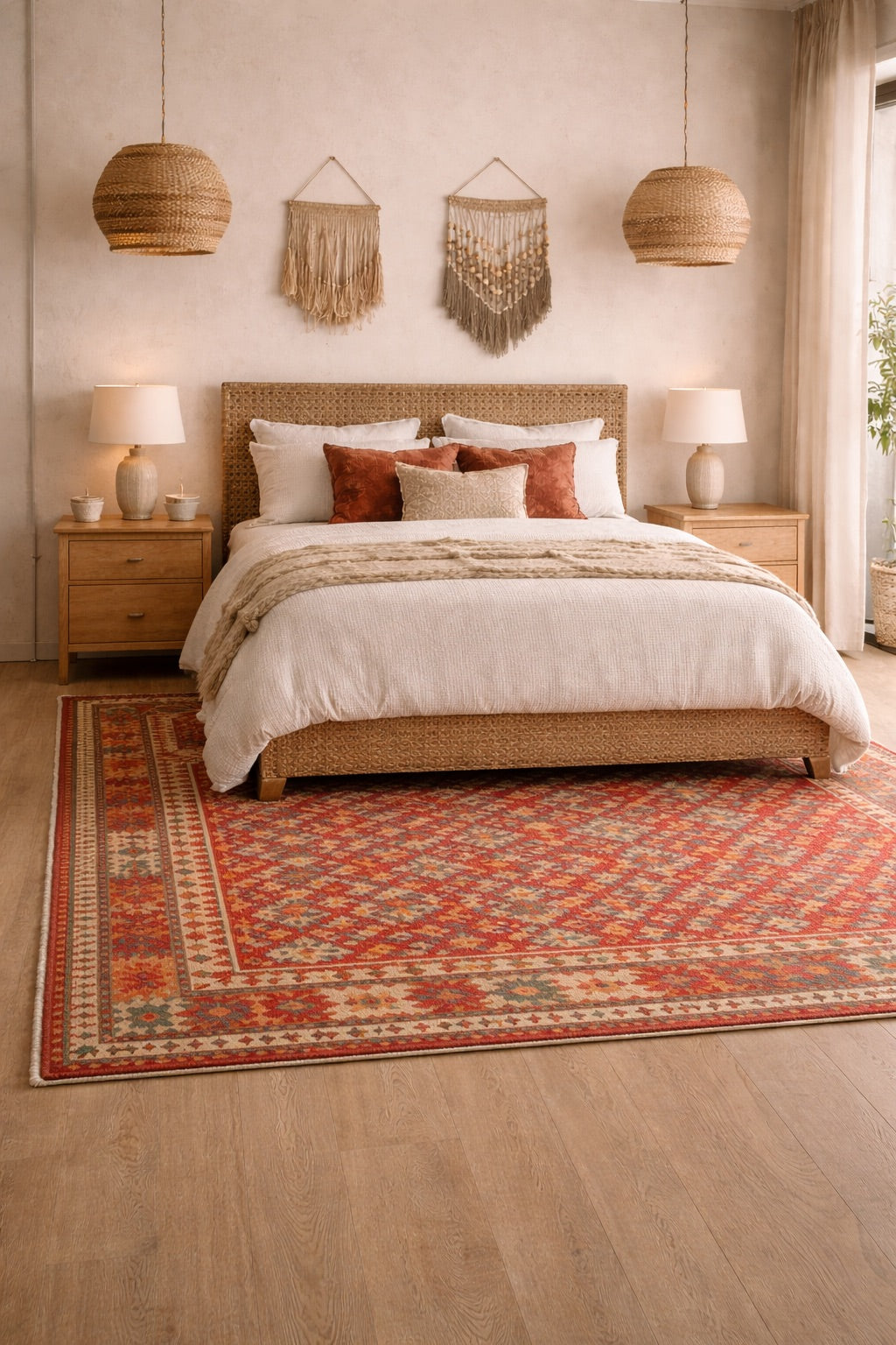 A traditional afghan khyber kilim rug styled in a rustic Perth home bedroom setting.