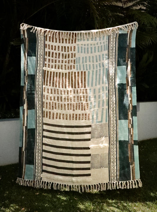 The Urbanic handcrafted throw blanket, adorned with a block print and playful tassels. Crafted from cotton slub from skilled artisans in India. It features a smooth textured feel. Indulge in the latest trend of Geometric Art with stunning shades of blue. Colours, blues, whites, beiges and greys. Size 130 X 170. Styled.