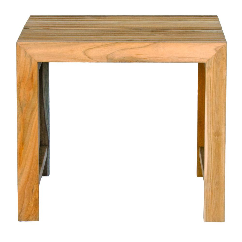 The Usuki Side Tables, is crafted from sustainable solid Teak and feature a slatted open design. Colour natural. Measures 500 wide x 400 depth x 450 height. Front.