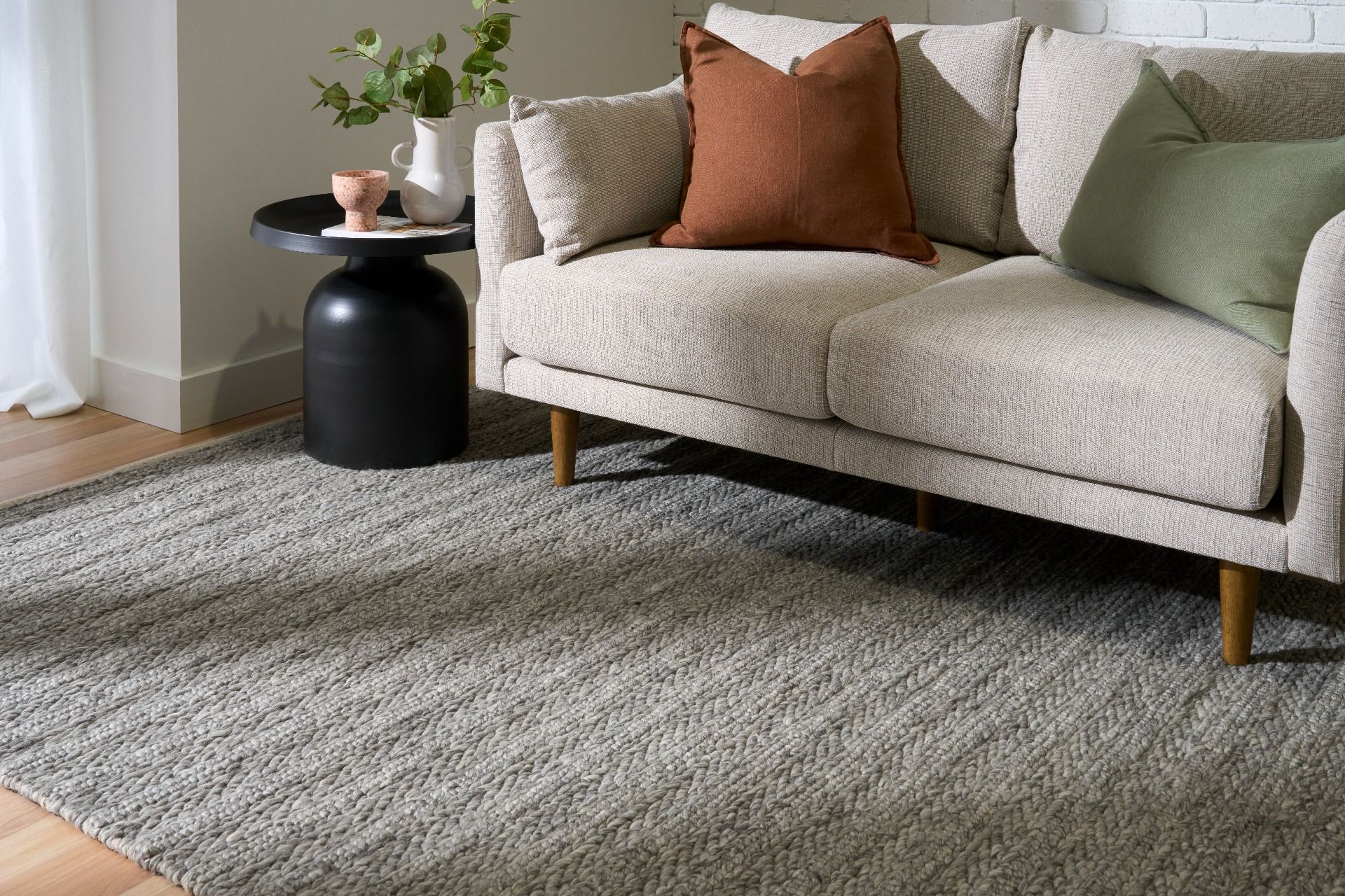 Vaucluse Dark Grey is a textured hand woven loop pile and braided loop wool and viscose rug. It features a contemporary design. Colour Dark Grey with Light Grey accents. Sizes 155 X 225, 200 X 290, 240 X 340 and 300 X 400. Life.
