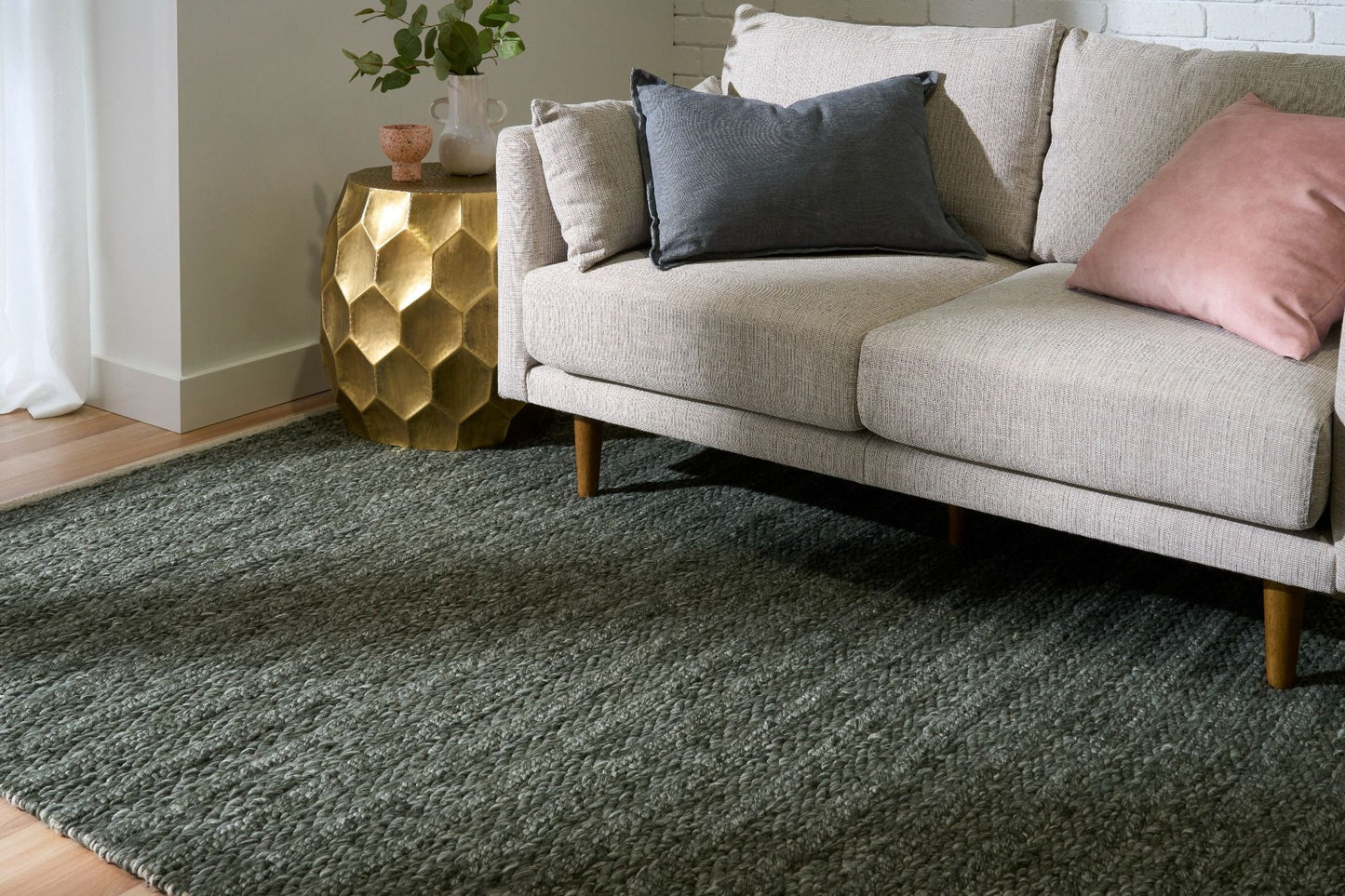 Vaucluse Green is a textured hand woven loop pile and braided loop wool and viscose rug. It features a contemporary design. Colours Dark Green with Light Grey accents. Sizes 155 X 225, 200 X 290, 240 X 340 and 300 X 400. Life