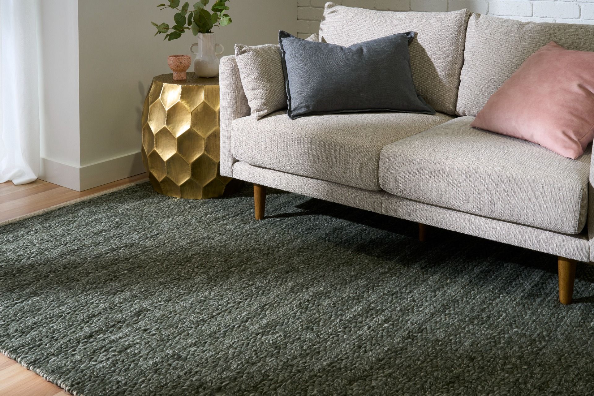 Vaucluse Green is a textured hand woven loop pile and braided loop wool and viscose rug. It features a contemporary design. Colours Dark Green with Light Grey accents. Sizes 155 X 225, 200 X 290, 240 X 340 and 300 X 400. Life