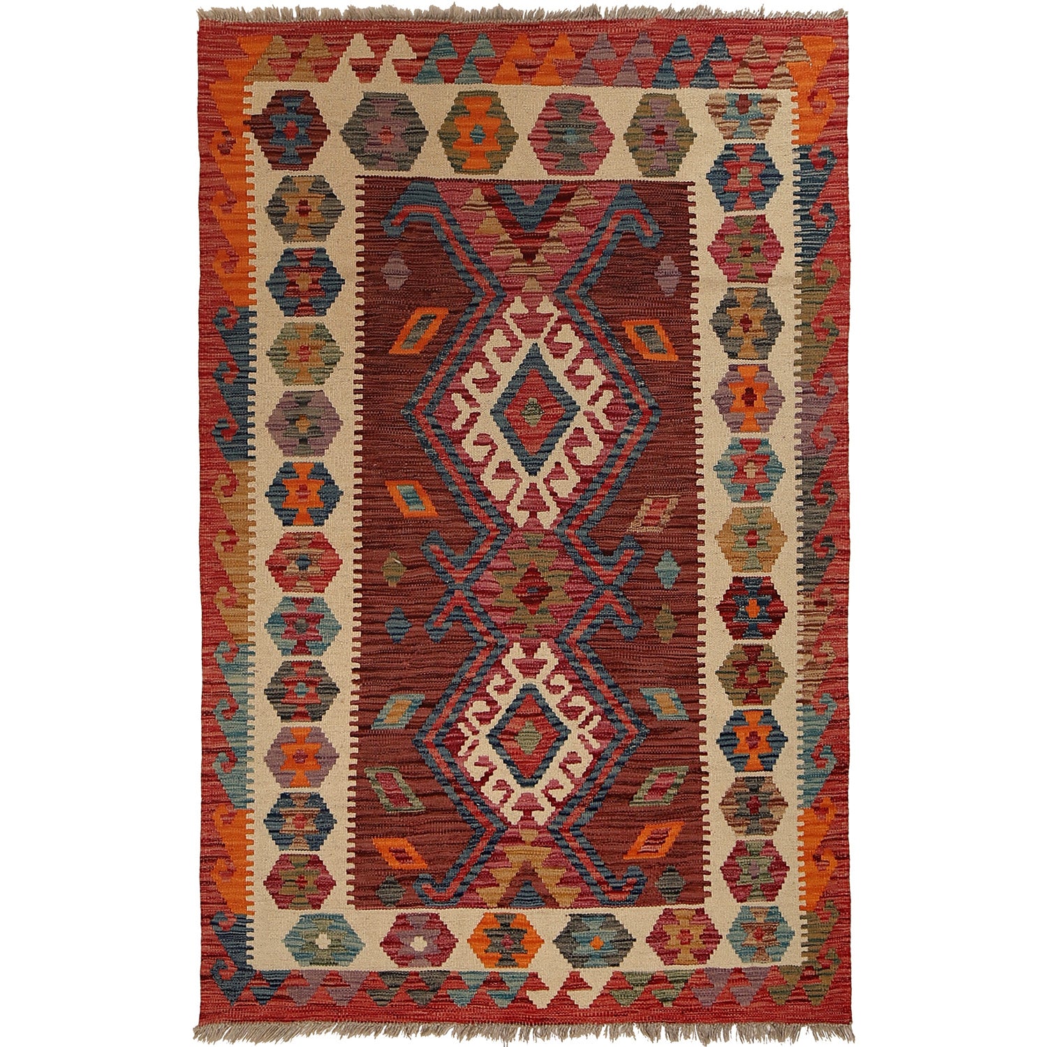 The Afghan Hand Woven Khyber Kilim 122 X 183. Crafted using traditional vegetable dyed wool, and featuring traditional geometric designs. Colours, reds, oranges, browns, creams and teal greens. Size 122 X 183.