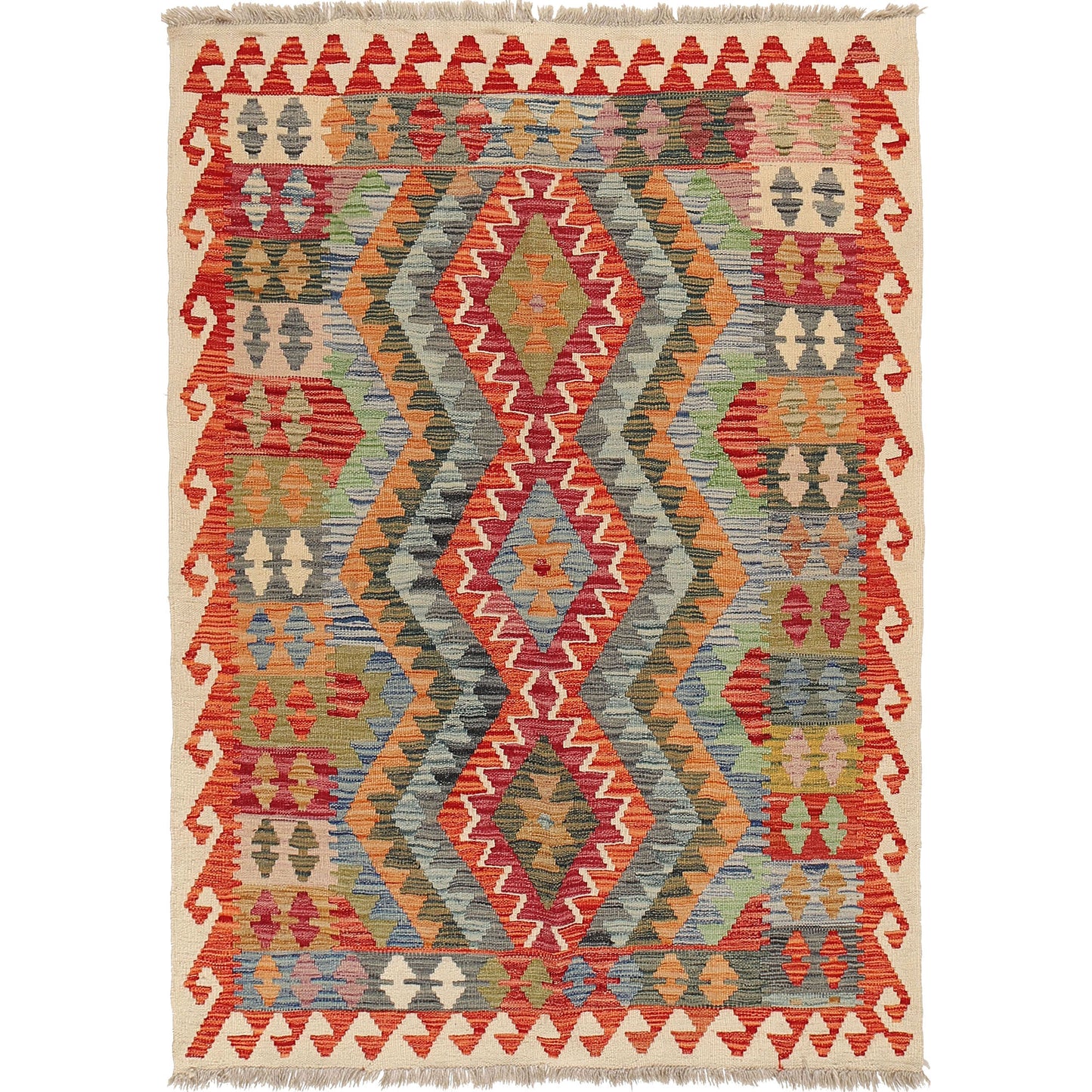 The Afghan Hand Woven Khyber Kilim - 124 X 178. Crafted using traditional vegetable dyed wool, and featuring traditional geometric designs. Colours, creams, oranges, greens and blues. Size 124 X 178.