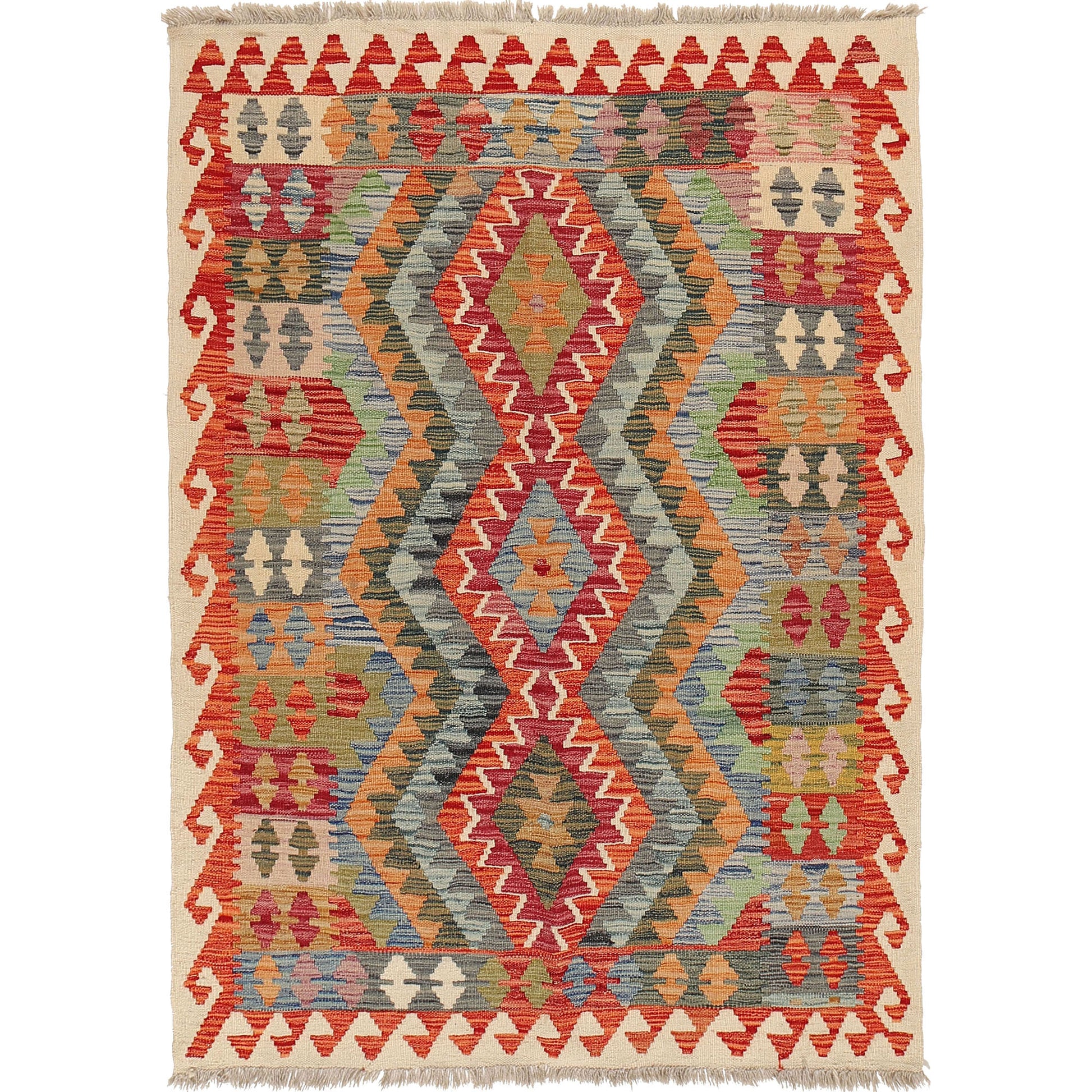 The Afghan Hand Woven Khyber Kilim - 124 X 178. Crafted using traditional vegetable dyed wool, and featuring traditional geometric designs. Colours, creams, oranges, greens and blues. Size 124 X 178.