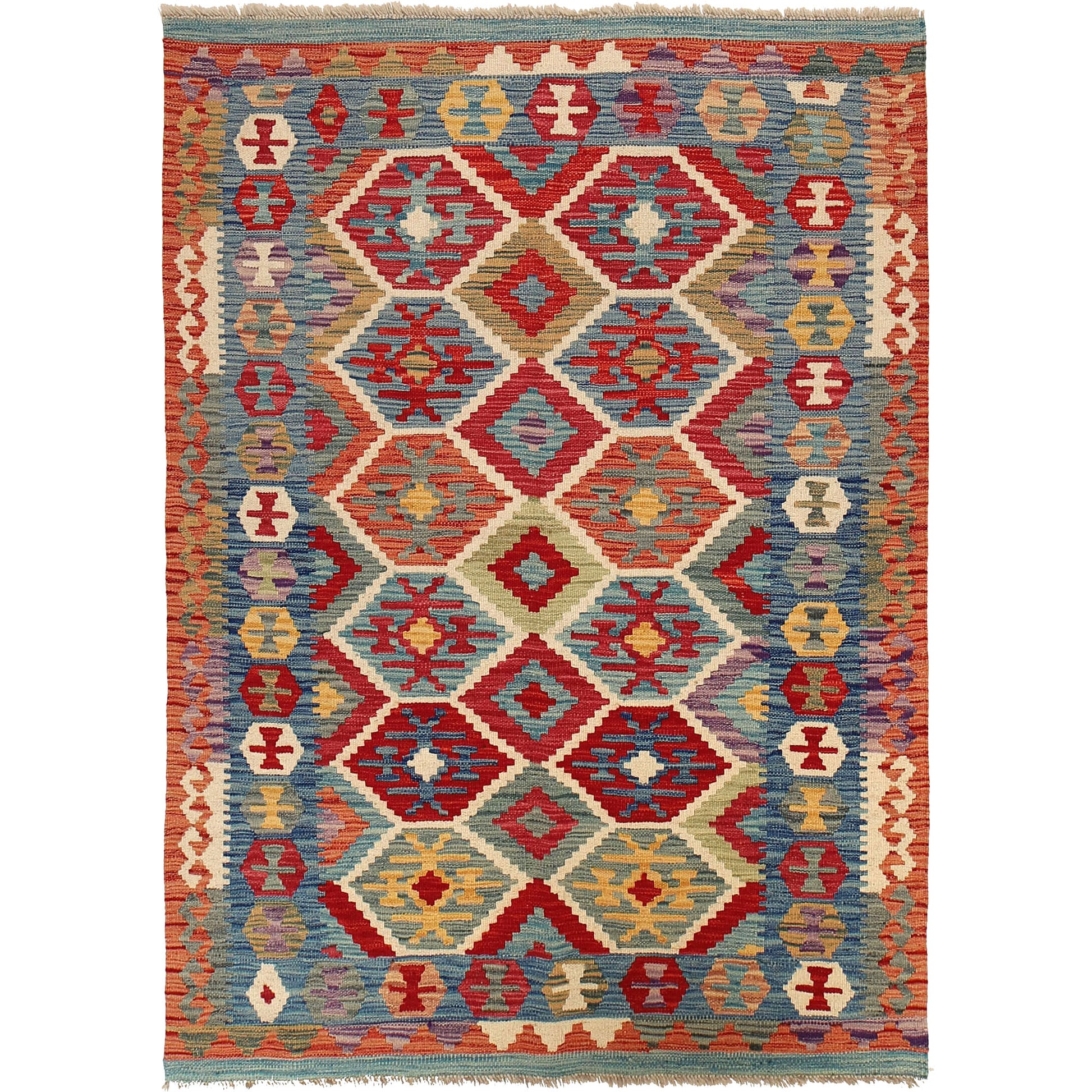 The Afghan Hand Woven Khyber Kilim - 129 X 178.  Crafted using traditional vegetable dyed wool, and featuring traditional geometric designs. Colours, brown, red, blue, cream, teal. Size 129 X 178.