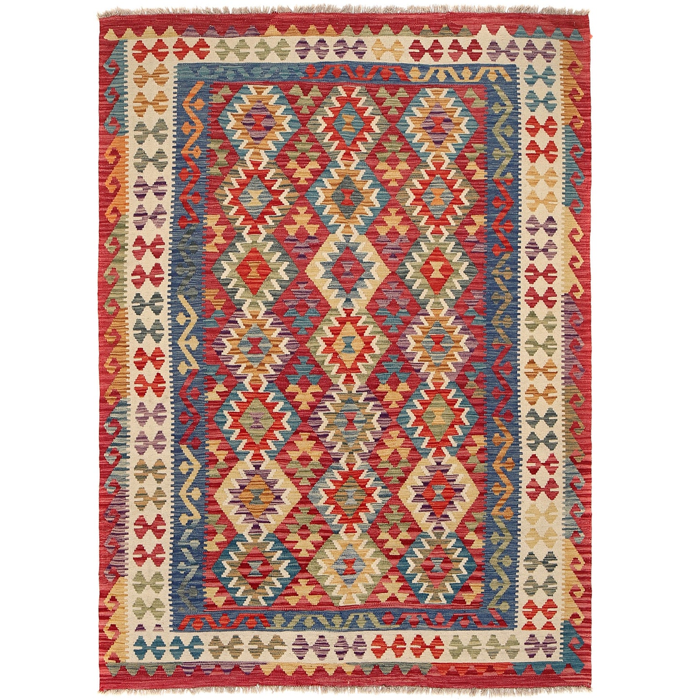 The Afghan Hand Woven Khyber Kilim - 175 X 240. Crafted using traditional vegetable dyed wool, and featuring traditional geometric designs. Colours, red, blue, yellow, teal, beige. Size 175 X 240.