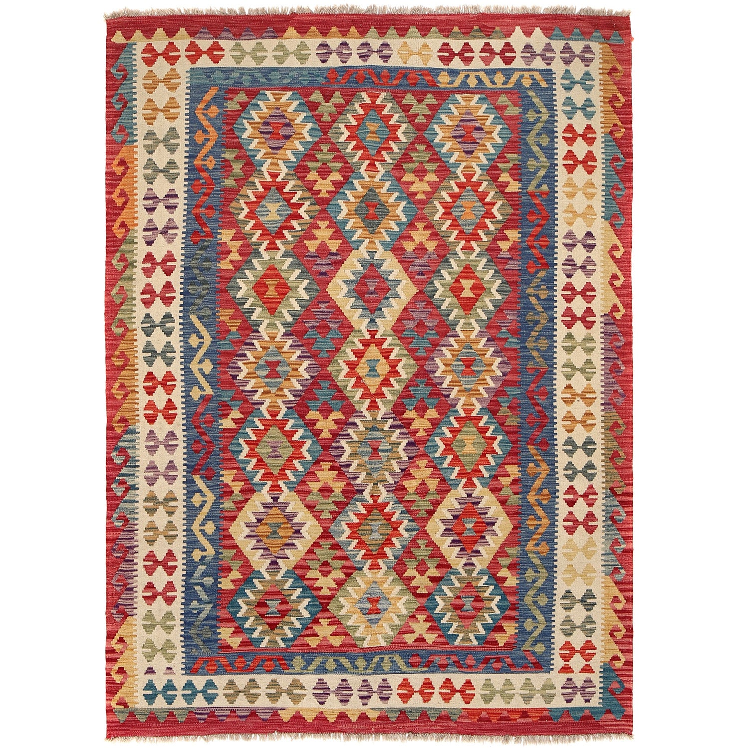 The Afghan Hand Woven Khyber Kilim - 175 X 240. Crafted using traditional vegetable dyed wool, and featuring traditional geometric designs. Colours, red, blue, yellow, teal, beige. Size 175 X 240.