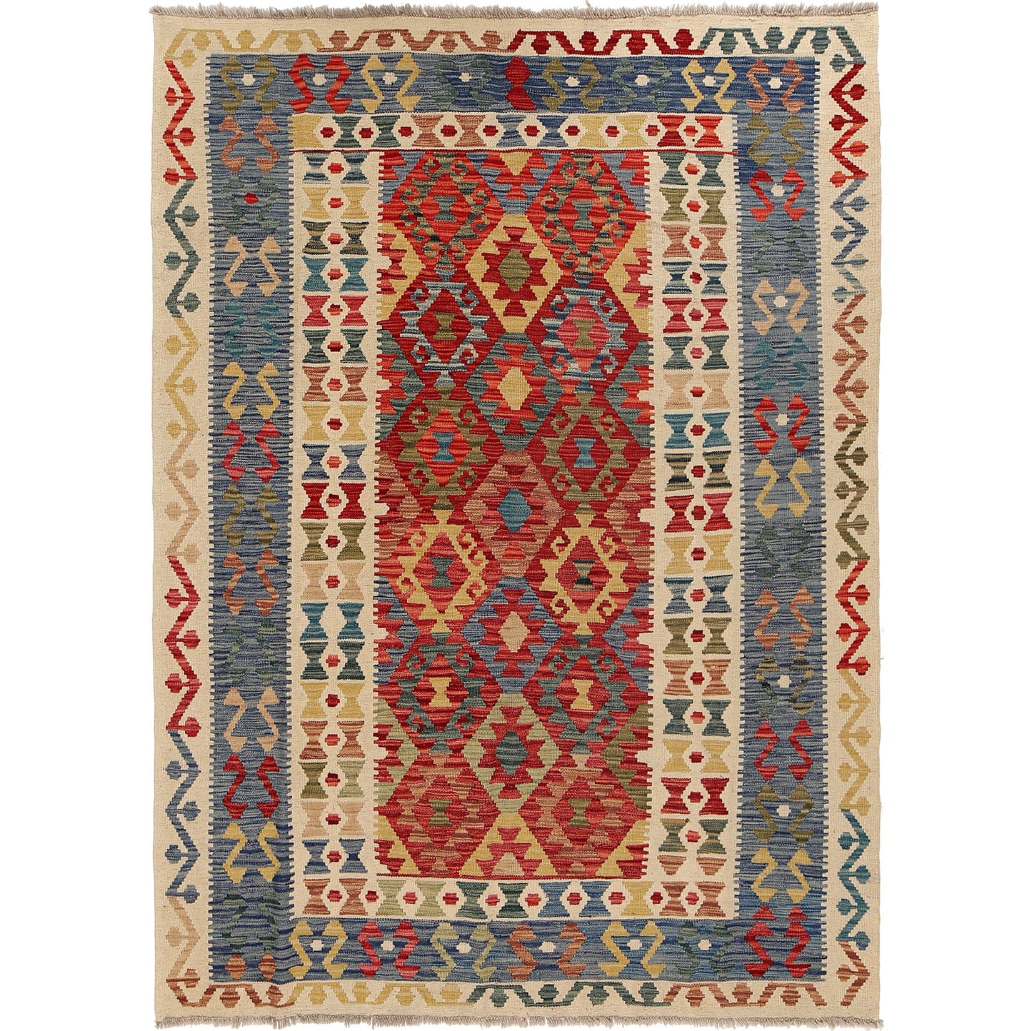 The Afghan Hand Woven Khyber Kilim - 180 X 248. Crafted using traditional vegetable dyed wool, and featuring traditional geometric designs. Colours, cream, blues, greens, reds, oranges. Size 180 X 248.