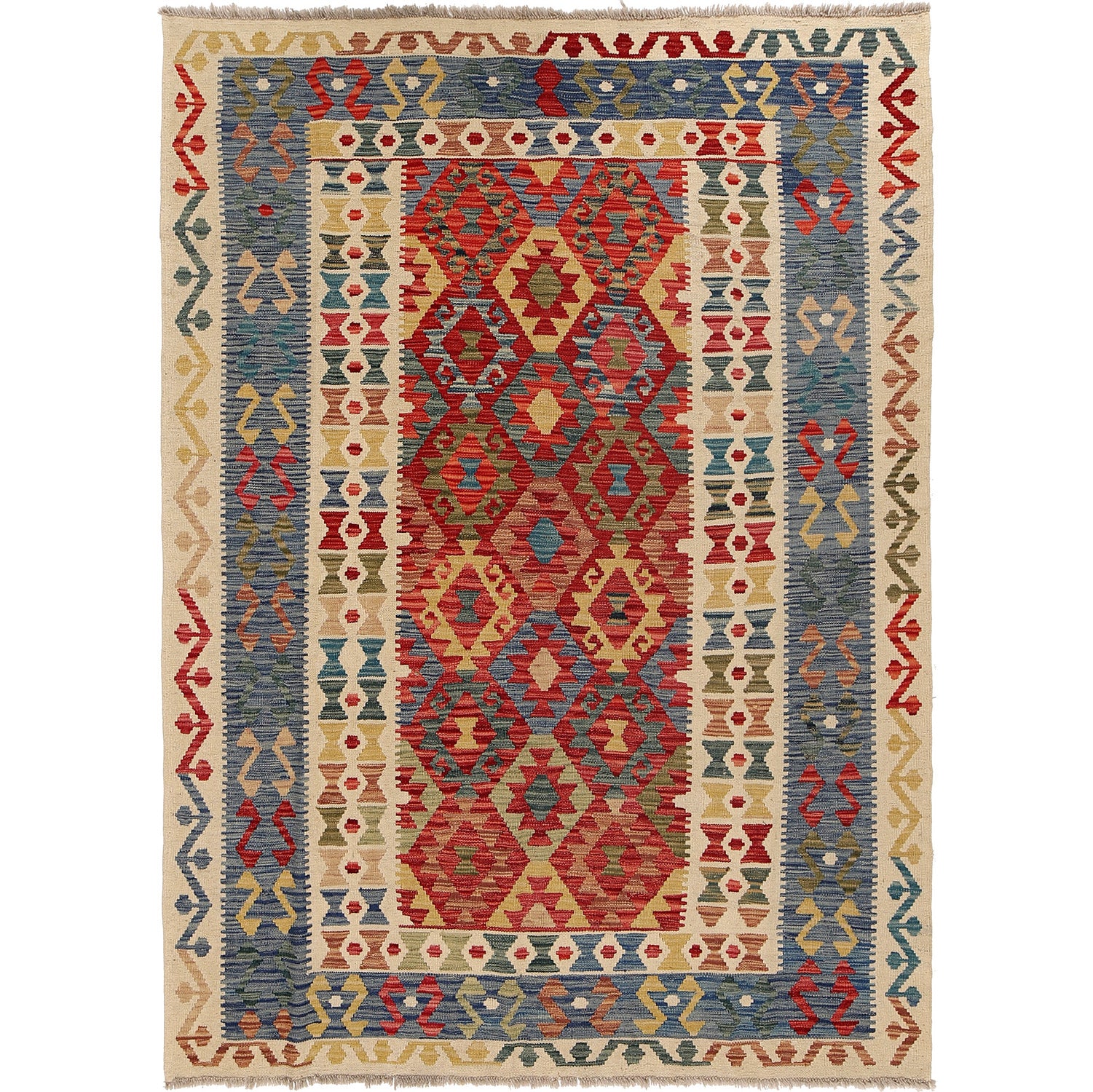 The Afghan Hand Woven Khyber Kilim - 180 X 248. Crafted using traditional vegetable dyed wool, and featuring traditional geometric designs. Colours, cream, blues, greens, reds, oranges. Size 180 X 248.