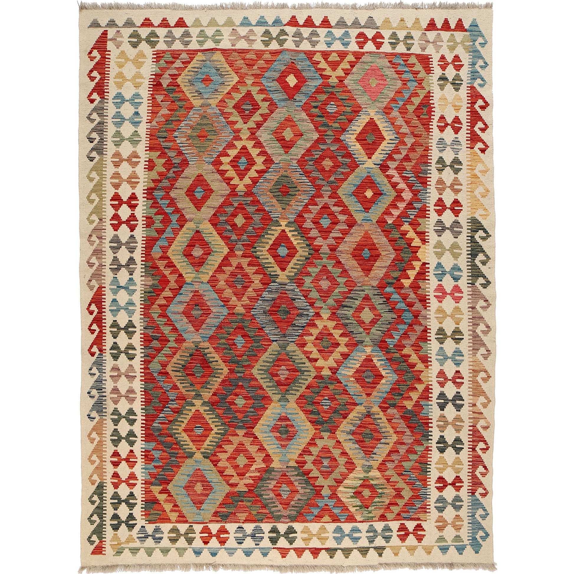 The Afghan Hand Woven Khyber Kilim - 184 X 250. Crafted using traditional vegetable dyed wool, and featuring traditional geometric designs. Colours, cream, reds, oranges, teals, yellows. Size 184 X 250.