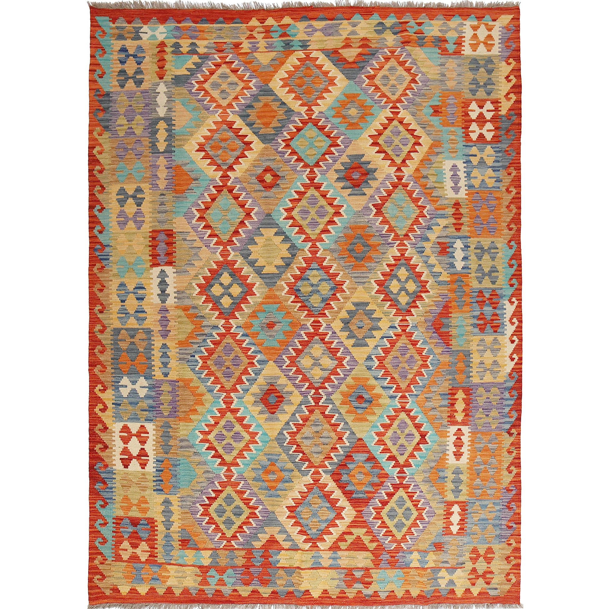 The Afghan Hand Woven Khyber Kilim - 202 X 286. Crafted using traditional vegetable dyed wool, and featuring traditional geometric designs. Colours, reds, blues, greens, yellows and oranges. Size 202 X 286.