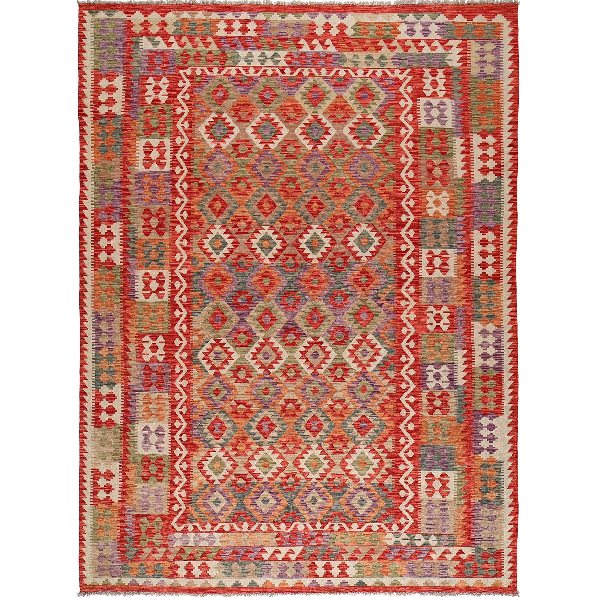 The Afghan Hand Woven Khyber Kilim - 252 X 345. Crafted using traditional vegetable dyed wool, and featuring traditional geometric designs. Colours, Oranges, reds, creams, teals. Size 252 X 345.