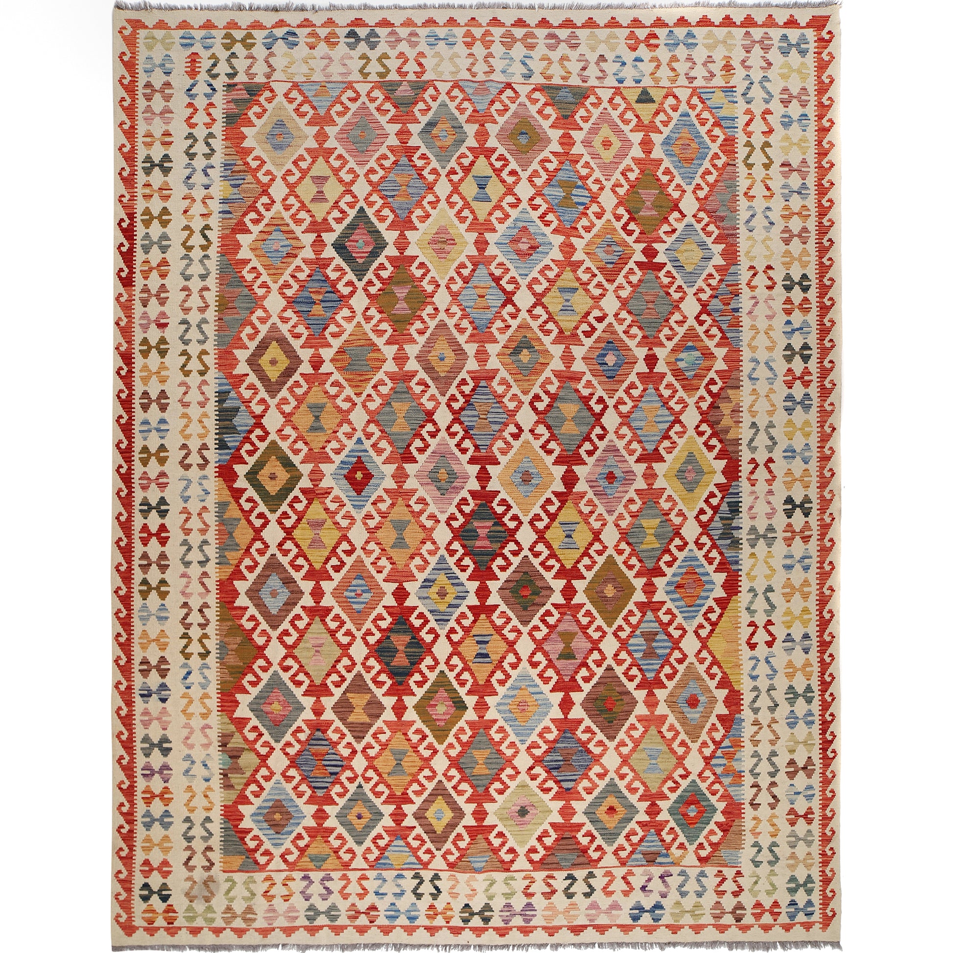The Afghan Hand Woven Khyber Kilim - 278 X 376. Crafted using traditional vegetable dyed wool, and featuring traditional geometric designs. Colours, cream, blues, reds, oranges, yellow and teals. Size 278 X 376.