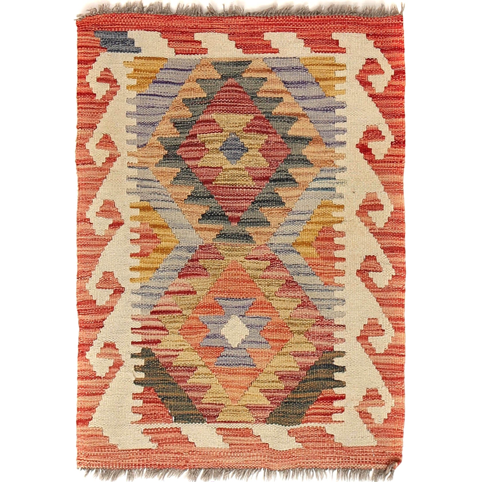 The Afghan Hand Woven Khyber Kilim - 62 X 92. Crafted using traditional vegetable dyed wool, and featuring traditional geometric designs. Colours, oranges, creams, light blues, dark greens. Size 62 X 92.