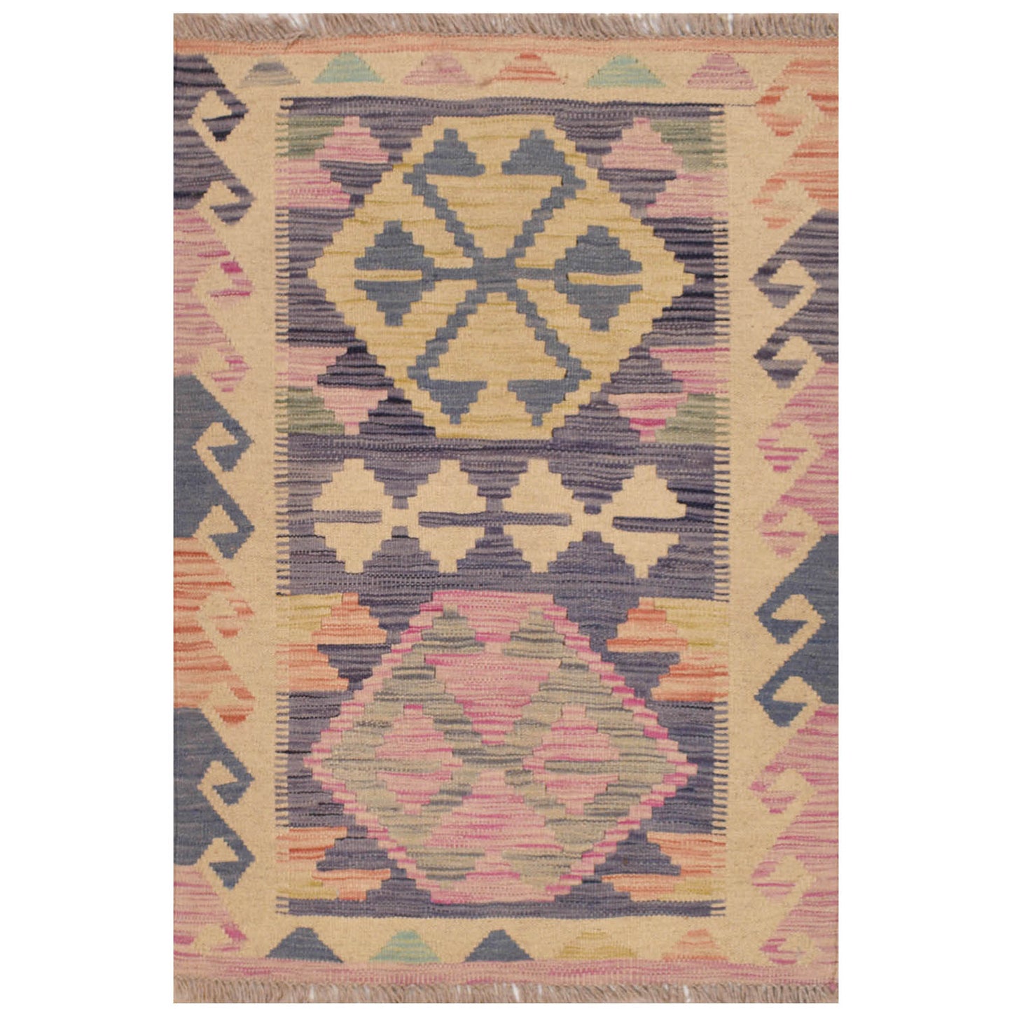 The Afghan Hand Woven Khyber Kilim 63 X 89. Crafted using traditional vegetable dyed wool, and featuring traditional geometric designs. Colours, beiges, light greys, blues. Size 63 X 89.