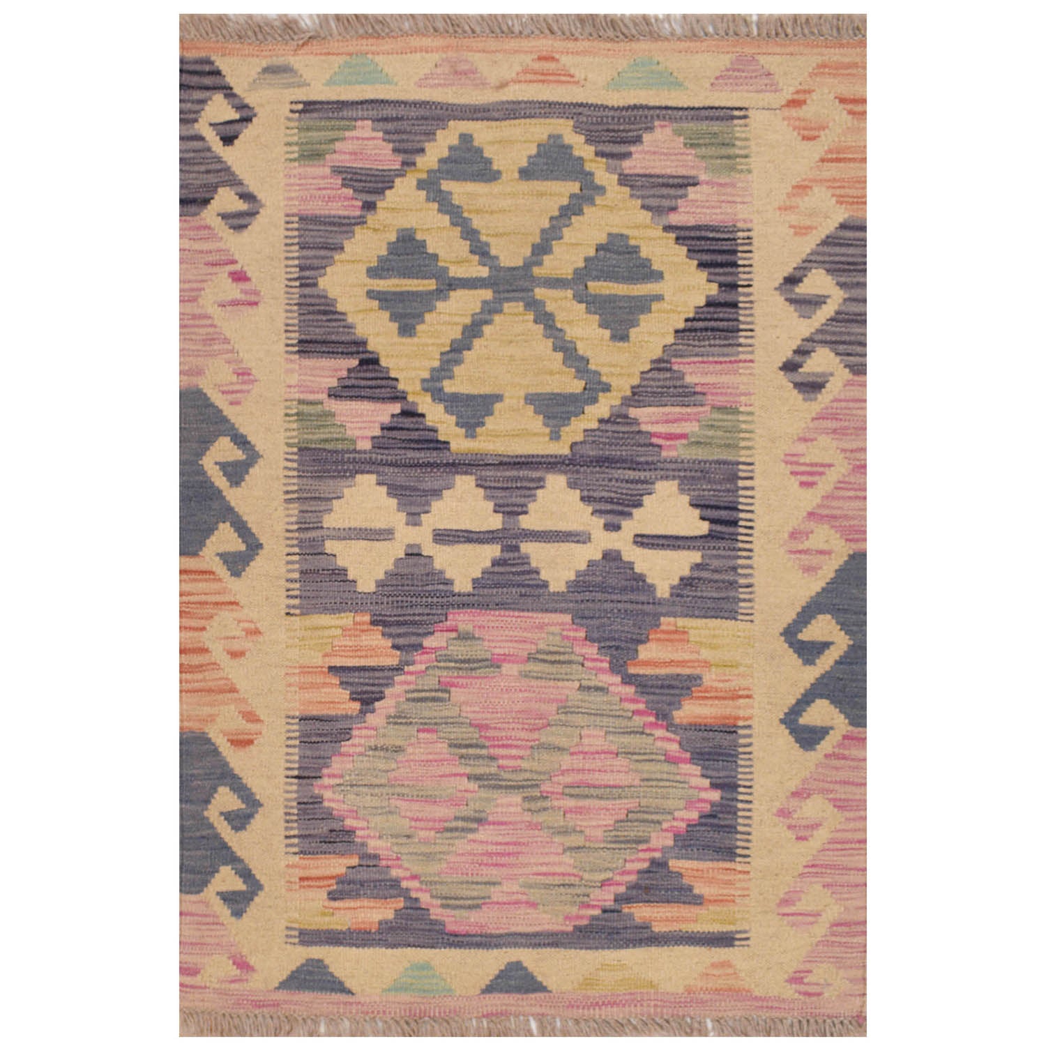The Afghan Hand Woven Khyber Kilim 63 X 89. Crafted using traditional vegetable dyed wool, and featuring traditional geometric designs. Colours, beiges, light greys, blues. Size 63 X 89.