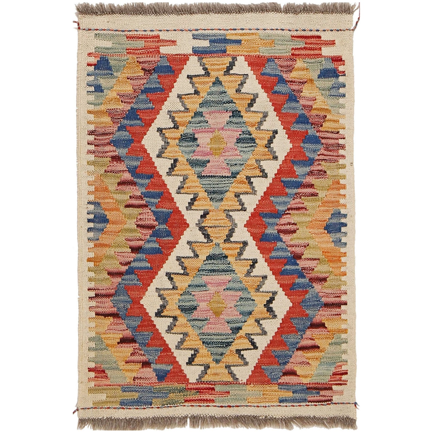 The Afghan Hand Woven Khyber Kilim 66 X 90. Crafted using traditional vegetable dyed wool, and featuring traditional geometric designs. Colours, creams, yellows, oranges, blue and dark greens. Size 66 X 90.