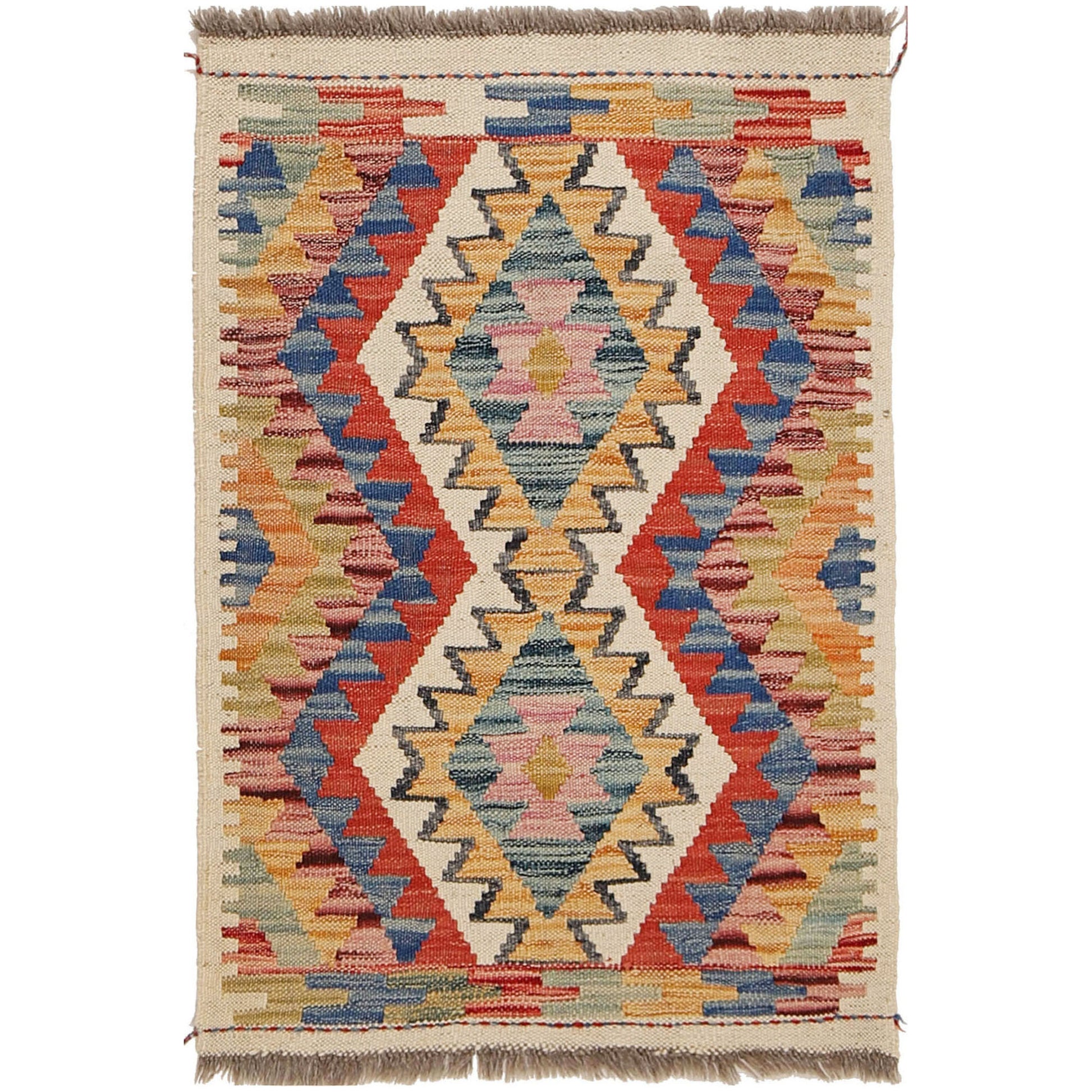 The Afghan Hand Woven Khyber Kilim 66 X 90. Crafted using traditional vegetable dyed wool, and featuring traditional geometric designs. Colours, creams, yellows, oranges, blue and dark greens. Size 66 X 90.