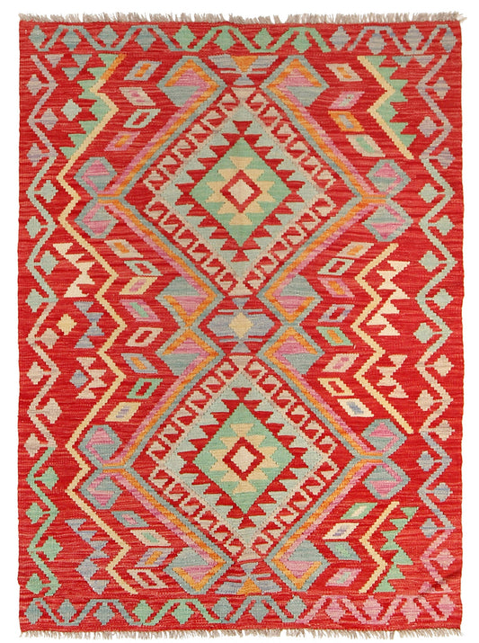 The Afghan Hand Woven Khyber Kilim - 124 X 176. Crafted using traditional vegetable dyed wool, and featuring traditional geometric designs. Colours, Oranges, beiges, creams, lavender. Size 124 X 176. Cover.