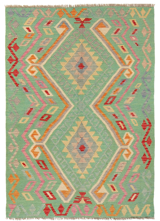 The Afghan Hand Woven Khyber Kilim - 126 X 179. Crafted using traditional vegetable dyed wool, and featuring traditional geometric designs. Colours, greens, beiges, creams, oranges. Size 126 X 179. Cover.