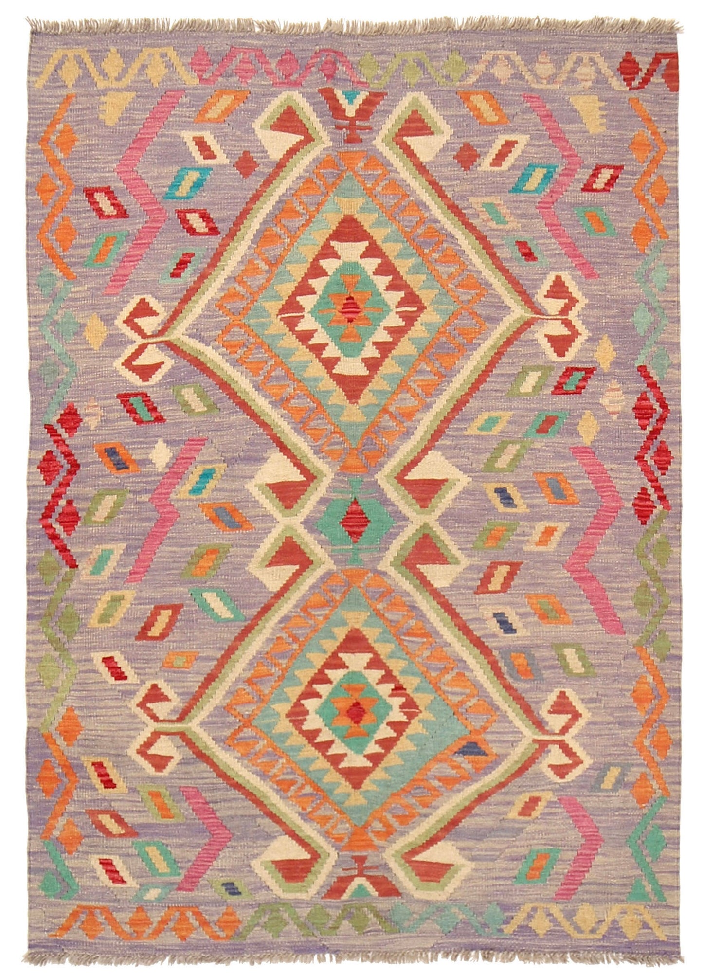 The Afghan Hand Woven Khyber Kilim - 127 X 174. Crafted using traditional vegetable dyed wool, and featuring traditional geometric designs. Colours, lavenders, beiges, creams, oranges. Size 127 X 174. Cover.
