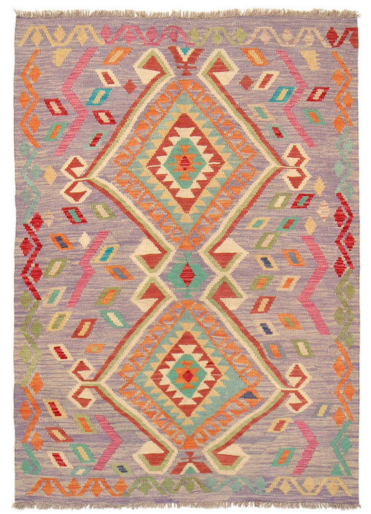 The Afghan Hand Woven Khyber Kilim - 127 X 174. Crafted using traditional vegetable dyed wool, and featuring traditional geometric designs. Colours, lavenders, beiges, creams, oranges. Size 127 X 174. Cover.