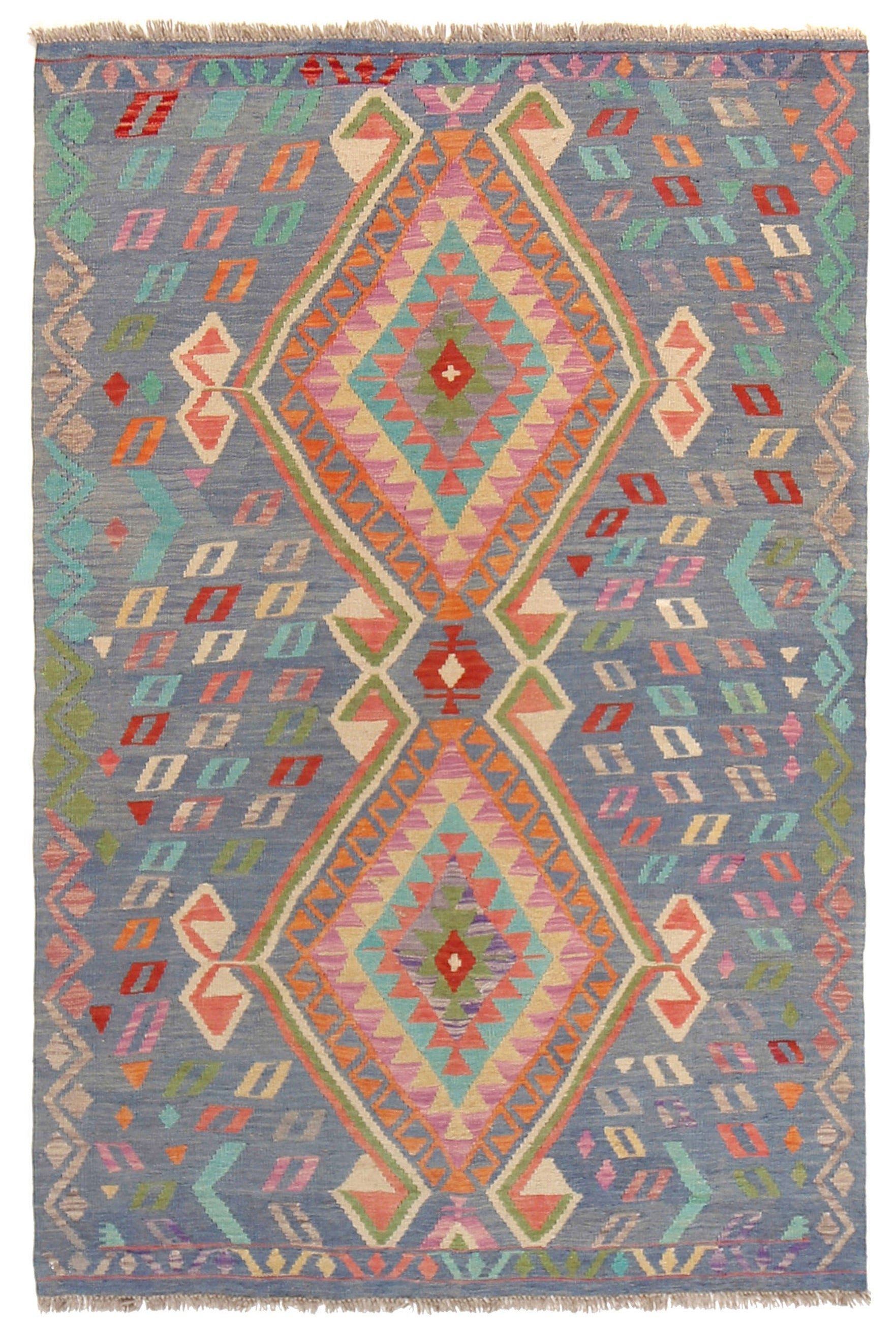 The Afghan Hand Woven Khyber Kilim - 130 X 193. Crafted using traditional vegetable dyed wool, and featuring traditional geometric designs. Colours, blues, lavenders, beiges, creams, oranges. Size 130 X 193. Cover.