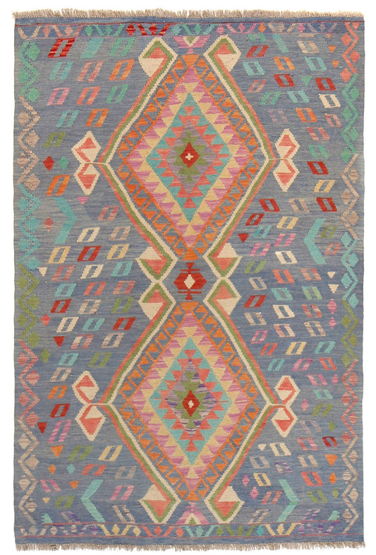 The Afghan Hand Woven Khyber Kilim - 130 X 193. Crafted using traditional vegetable dyed wool, and featuring traditional geometric designs. Colours, blues, lavenders, beiges, creams, oranges. Size 130 X 193. Cover.