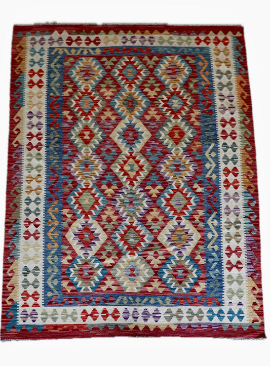 The Afghan Hand Woven Khyber Kilim - 175 X 240. Crafted using traditional vegetable dyed wool, and featuring traditional geometric designs. Colours, red, blue, yellow, teal, beige. Size 175 X 240. Cover.