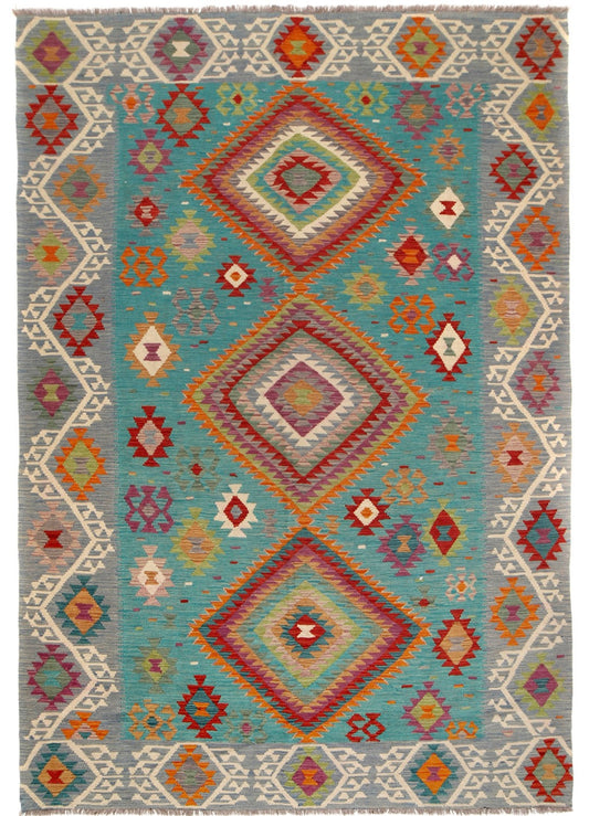 The Afghan Hand Woven Khyber Kilim - 197 X 304.  Crafted using traditional vegetable dyed wool, and featuring traditional geometric designs. Colours, Greens, teals, blues, creams, reds, oranges and yellows. Size 197 X 304. Cover