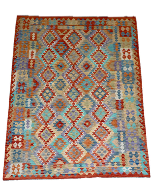 The Afghan Hand Woven Khyber Kilim - 202 X 286. Crafted using traditional vegetable dyed wool, and featuring traditional geometric designs. Colours, reds, blues, greens, yellows and oranges. Size 202 X 286. Cover.
