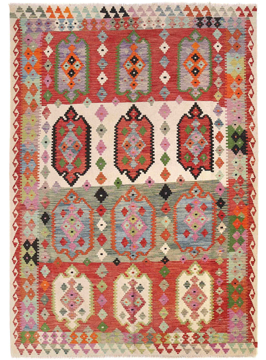The Afghan Hand Woven Khyber Kilim - 208 X 300.  Crafted using traditional vegetable dyed wool, and featuring traditional geometric designs. Colours, blacks, blues, creams, reds, oranges and yellows. Size 208 X 300. Cover.